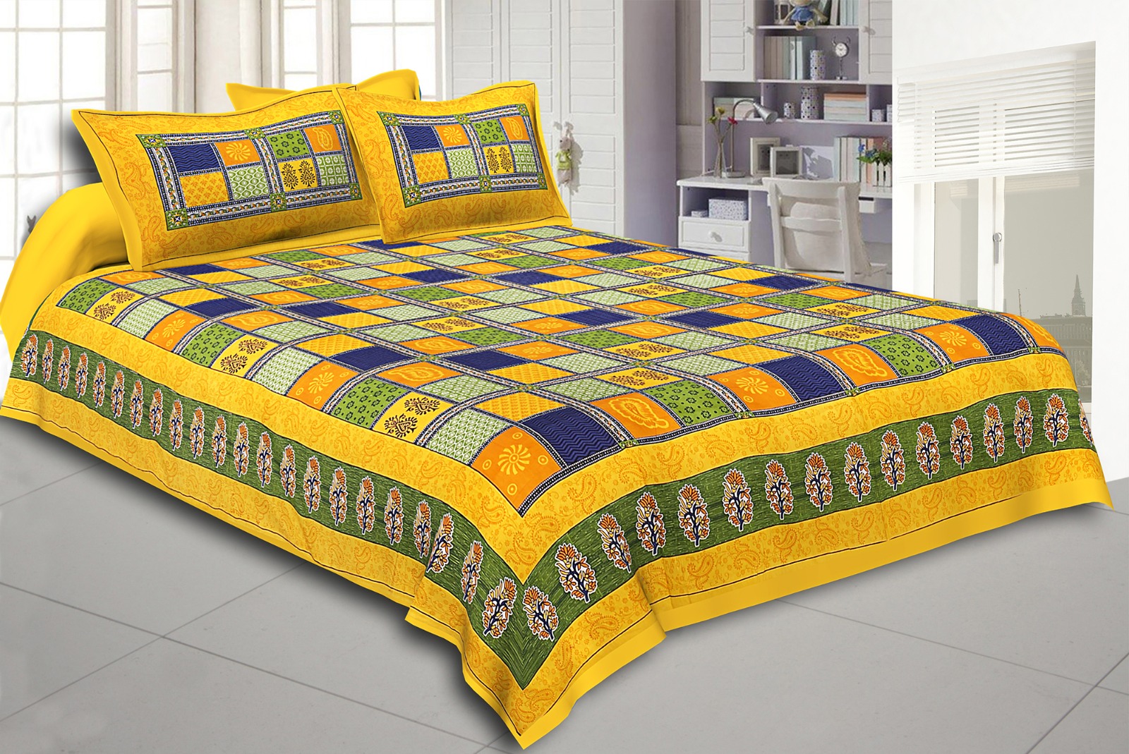 Niruva Yellow and Blue Jaipuri Checkered Patchwork Cotton Double Bedsheet With 2 Pillow Covers